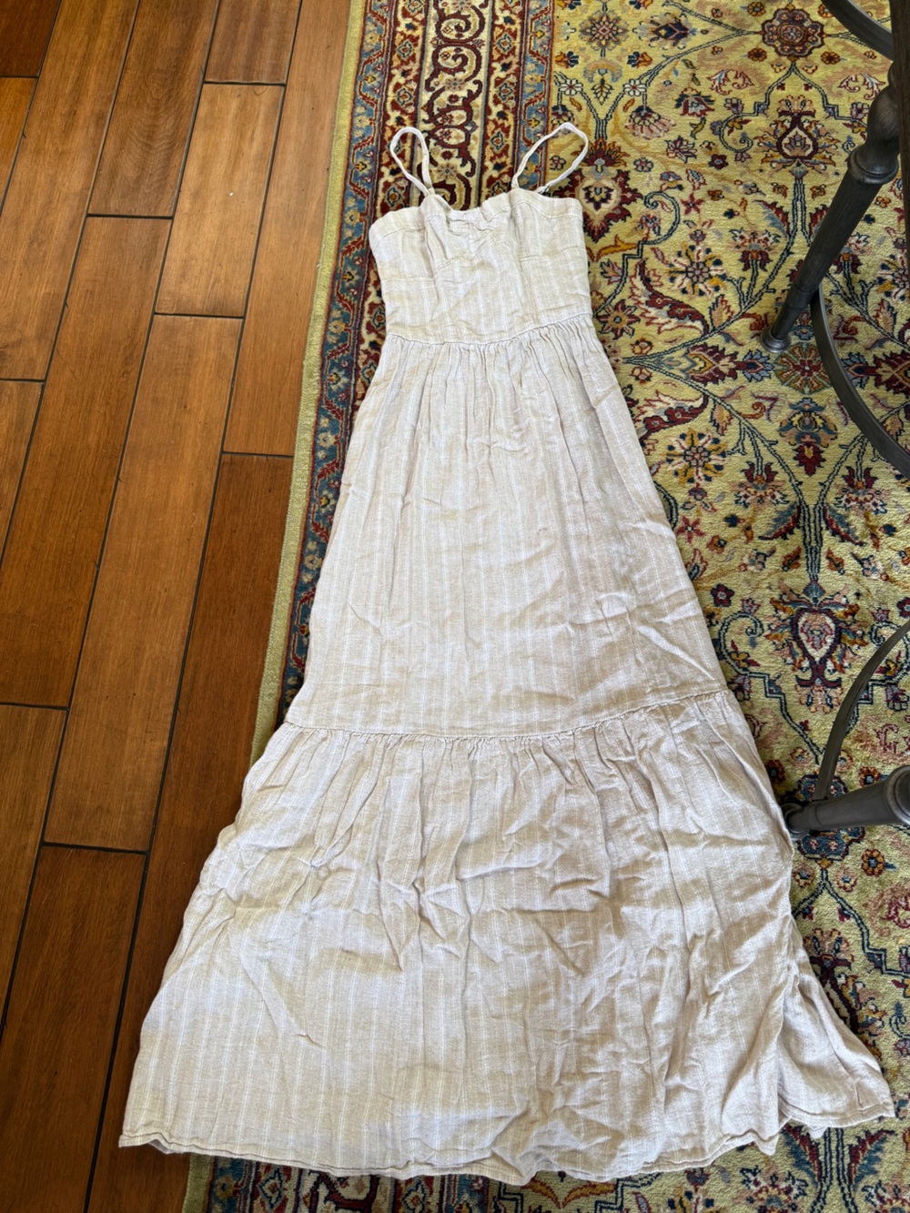 YFB Young Fabulous & Broke Linen Blend Maxi Dress S Oatmeal Coastal Boho Tiered - Picture 2 of 5